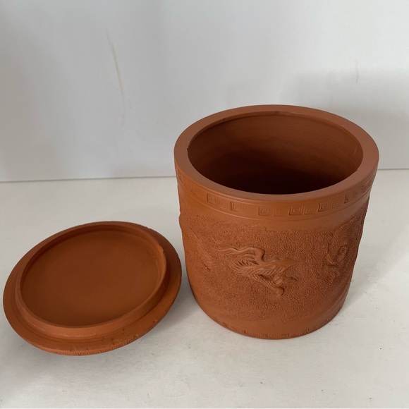 Japanese Tokoname Redware Flying Dragon in Cloud Covered Pot Jar 5 1/2" - Picture 4 of 14